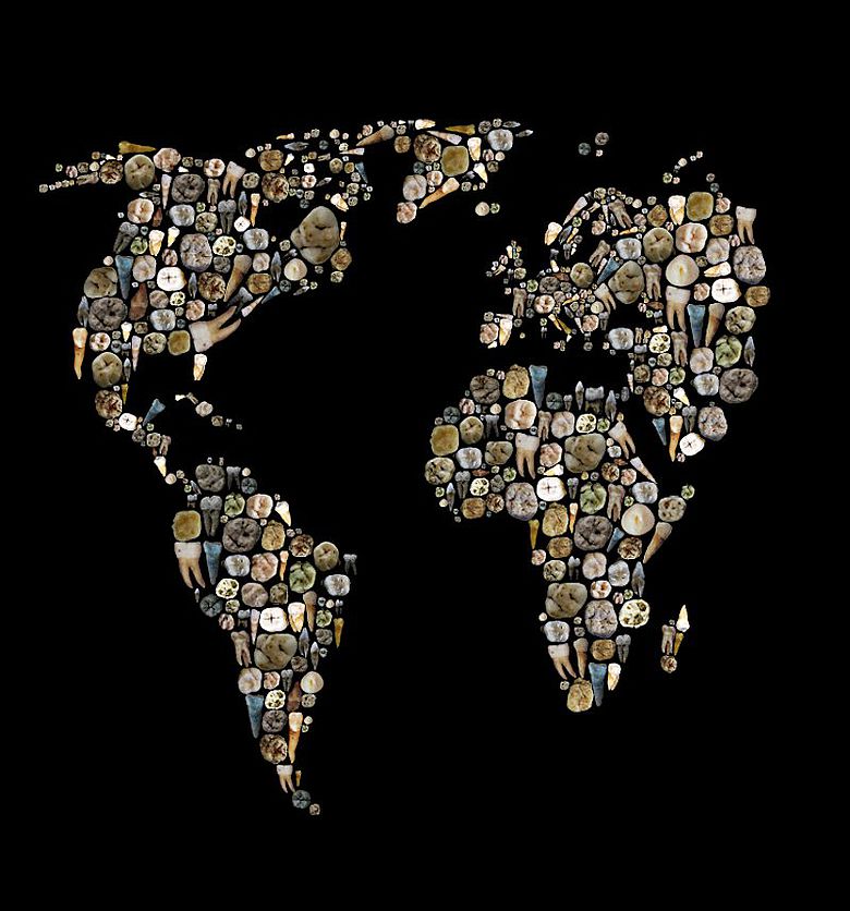 Mosaik einer Weltkarte aus diversen menschlichen Zähnen und Zahnüberresten