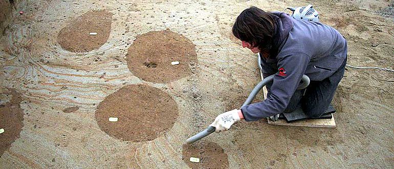 Planum der Grabungsfläche, auf dem sich die runden Pfostengruben deutlich abzeichnen © ADB