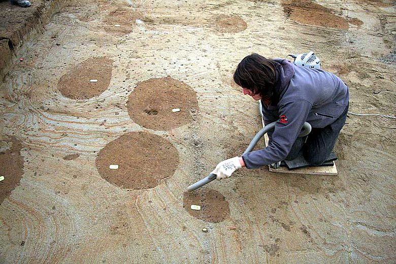 Planum der Grabungsfläche, auf dem sich die runden Pfostengruben deutlich abzeichnen © ADB