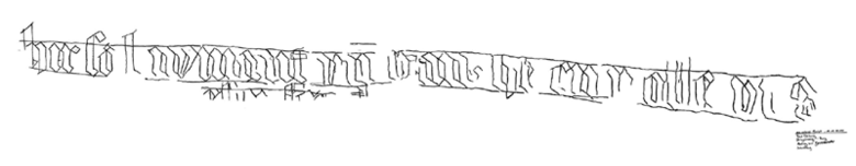 Konturenzeichnung der Inschrift, um zwischen zur Schrift gehörenden Ritzungen und zufälligen Oberflächenschäden unterscheiden zu können. (Abb: LWL)