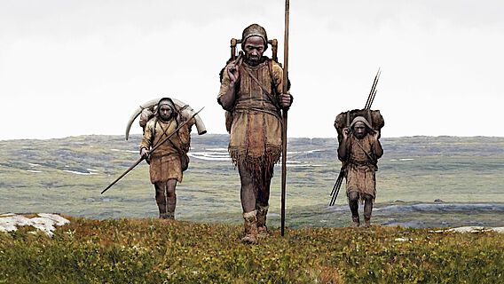 Künstlerische Rekonstruktion einer Jäger-Sammler-Gruppe aus der Eiszeit
