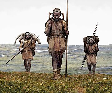 Künstlerische Rekonstruktion einer Jäger-Sammler-Gruppe aus der Eiszeit