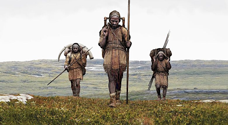 Künstlerische Rekonstruktion einer Jäger-Sammler-Gruppe aus der Eiszeit
