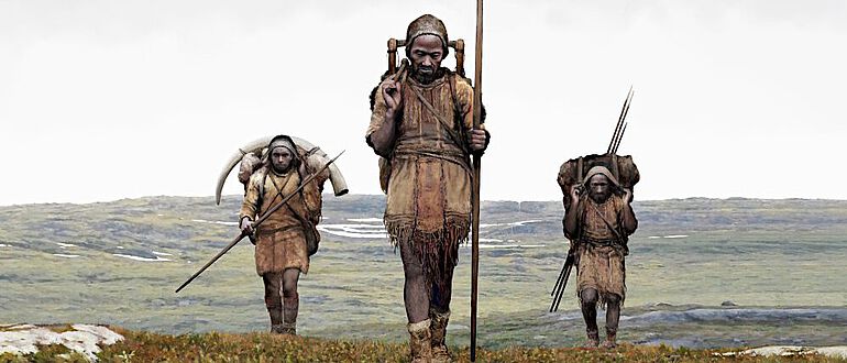 Künstlerische Rekonstruktion einer Jäger-Sammler-Gruppe aus der Eiszeit