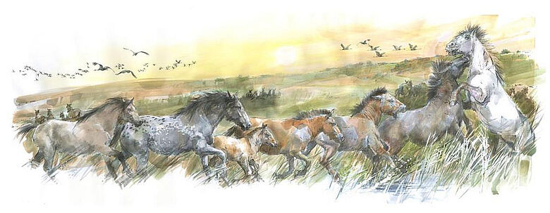 Künstlerische Darstellung einer Herde von Equus mosbachensis