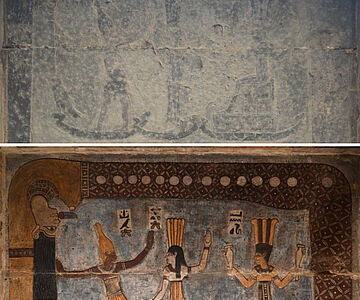 Deckengemälde in Esna vor und nach der Restaurierung