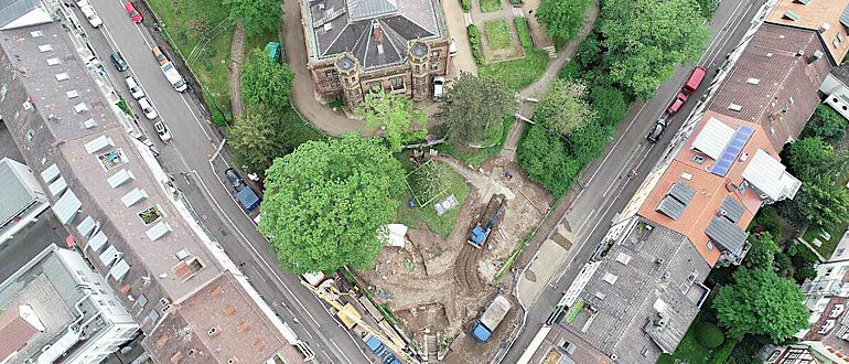 Eindrücke der Grabung im Freiburger Colombipark aus der Luft