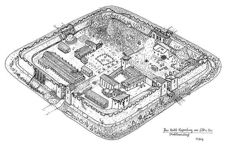 Rekonstruktionszeichnung Limeskastell Kapersburg um 250 n. Chr. Rekonstruktionszeichnung Limeskastell Kapersburg um 250 n. Chr.