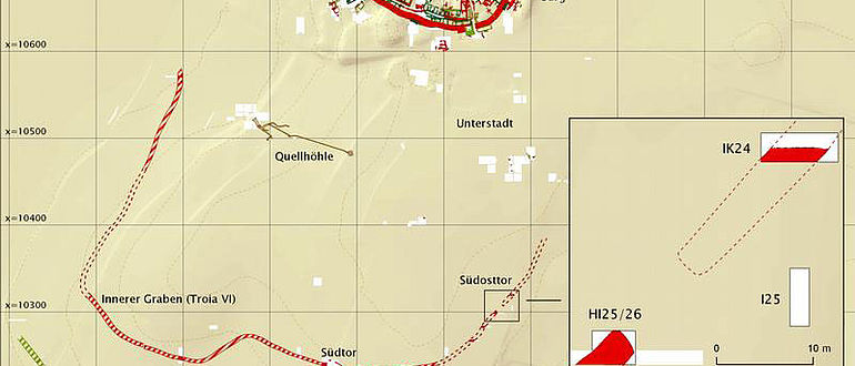 Troia - Grabungsareale 2009 und spätbronzezeitliche Verteidigungsgräben (Plan: Universität Tübingen)