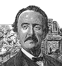 Heinrich Schliemann vor der Heliosmetope (Athenatempel, Troja) und dem Löwentor (Mykene). (Kupferstich 1987 aus dem Ausstellungskatalog »Troia - Traum und Wirklichkeit«) Heinrich Schliemann vor der Heliosmetope (Athenatempel, Troja) und dem Löwentor (Mykene). (Kupferstich 1987 aus dem Ausstellungskatalog »Troia - Traum und Wirklichkeit«)