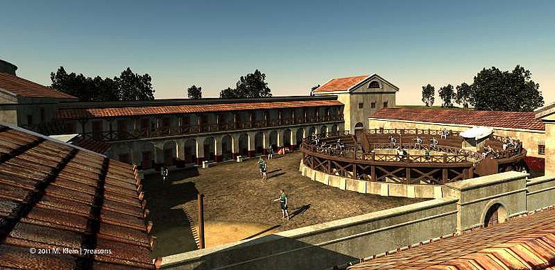 Rekonstruierter Blick in den Innenhof der Gladiatorenschule mit der Trainingsarena (Abb. M.Klein / 7reasons)