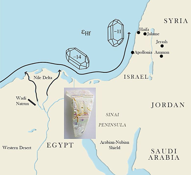 Die vereinfachte Grafik zeigt den Transportweg von Sand entlang der Levanteküste ausgehend von der Nilmündung