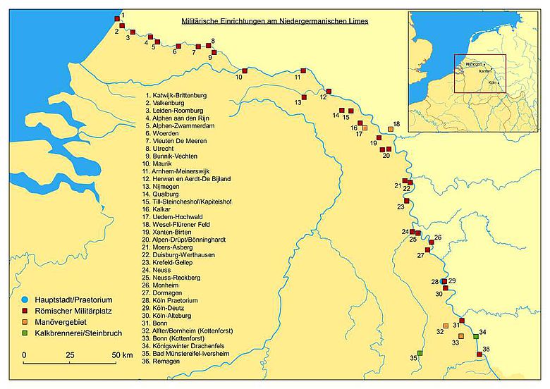 Karte mit wichtigen militärischen Einrichtungen des römischen Militärs in der Provinz Niedergermanien