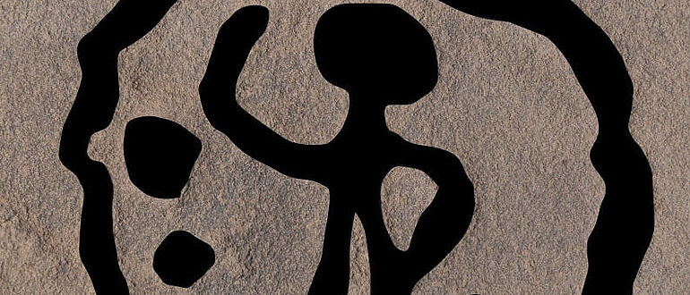 Martialisches Unterwerfungsbild (Zeichnung): Der Herrscher trampelt einen Mann nieder (liegend). Die beiden runden Kreisflächen dahinter sind nicht Kugeln, sondern abgeschlagene Köpfe