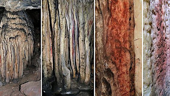 Tropfsteinformationen im "Sala de las Estrellas" in der Höhle "Cueva de Ardales" (Malaga, Andalusia) mit Spuren roter Pigmente