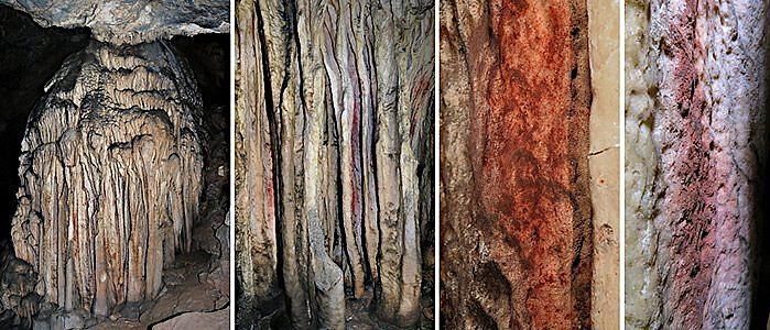 Tropfsteinformationen im "Sala de las Estrellas" in der Höhle "Cueva de Ardales" (Malaga, Andalusia) mit Spuren roter Pigmente