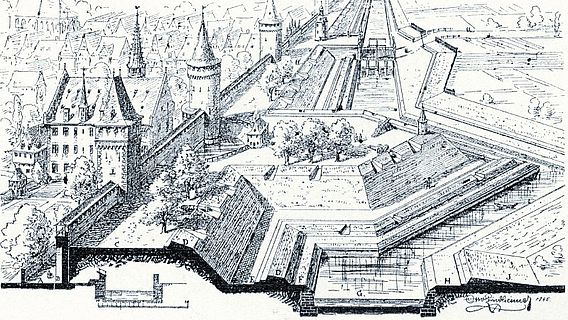 Schematisierter Schnitt durch das Verteidigungssystem der Frankfurter Stadtmauer, nach Otto Lindheimer, 1885 © Institut für Stadtgeschichte