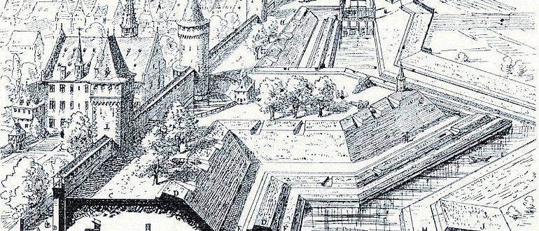 Schematisierter Schnitt durch das Verteidigungssystem der Frankfurter Stadtmauer, nach Otto Lindheimer, 1885 © Institut für Stadtgeschichte