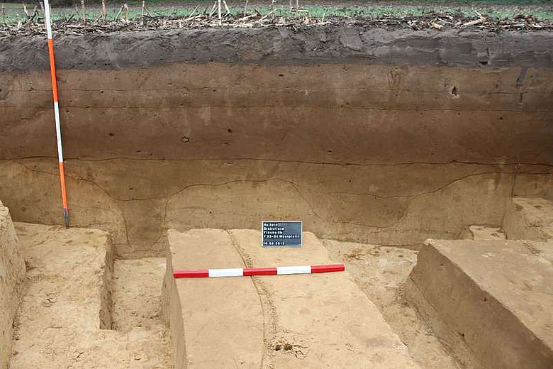 Deutlich im Boden zu sehen sind die Spuren der beiden Fundamentgräben für den stattlichen Grabbau