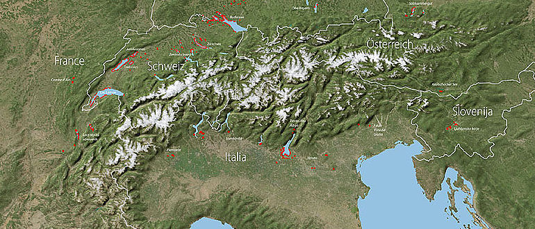 Pfahlbau-Fundstellen, bzw. Feuchtbodensiedlungen im Alpengebiet (Foto: BAK Schweiz)