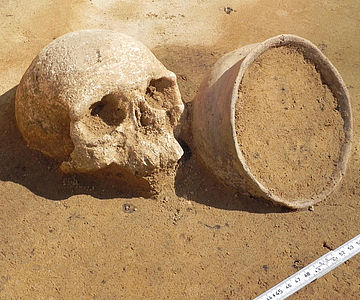 Bronzezeitlicher Schädel mit Beigefäß