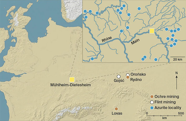 Karte: Lage der Fundstelle und altsteinzeitliche Abbaustellen für Ocker und Feuerstein