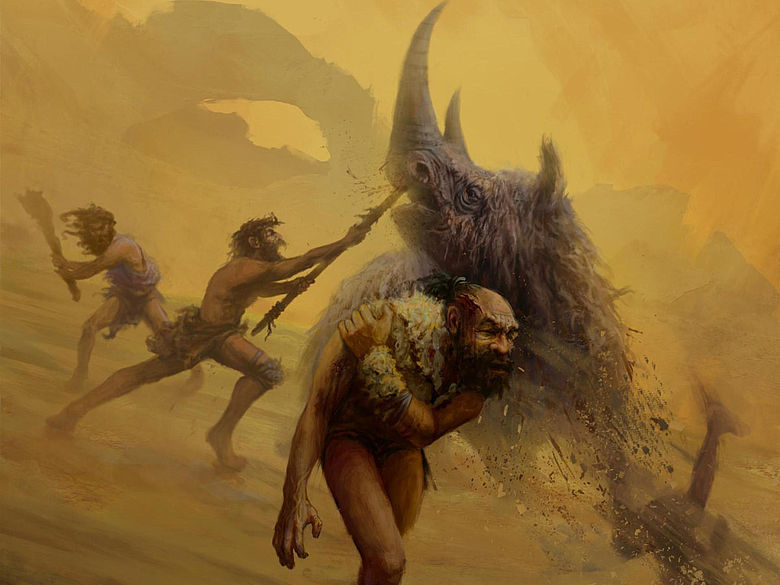 Illustration: Neandertaler vs. Wollhaarnashorn