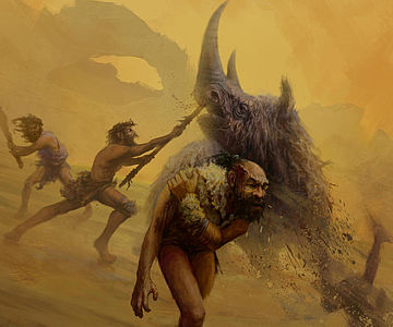 Illustration: Neandertaler vs. Wollhaarnashorn