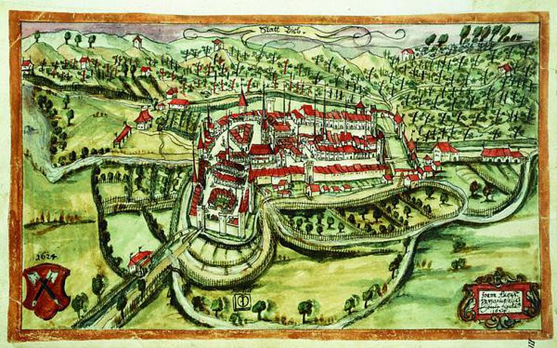 Eine Vedute (Ansicht) der Stadt Biel von Augustin Verresius, 1624