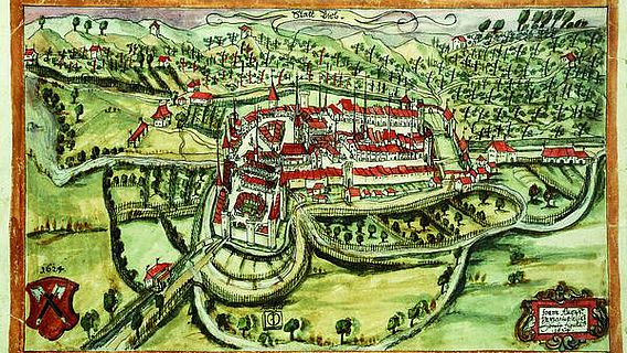 Eine Vedute (Ansicht) der Stadt Biel von Augustin Verresius, 1624