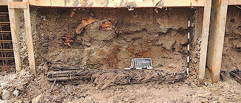 Baugrubenprofil, in dem noch Reste der als Unterbau dienenden Balken und der darauf ruhenden Mauer zu sehen sind