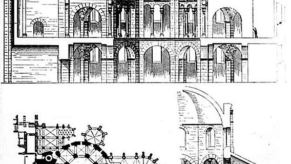 Rekonstruierter Längsschnitt (oben) und Grundriss der karolingischen Pfalzkapelle in Aachen (Abb: Dehio 1887)