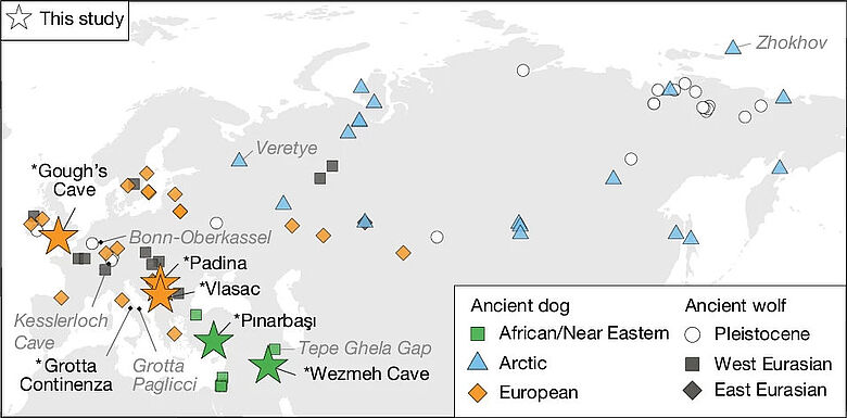 Karte mit Fundorten paläollithischer Hundeknochen Karte mit Fundorten paläollithischer Hundeknochen