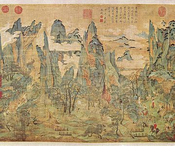 Der Tang-Kaiser Xuanzong, einer der bekanntesten Kaiser von China, flieht von Chang'an in die Provinz Sichuan, um der Gewalt während des An-Lushan-Aufstands 755 n. Chr. zu entkommen