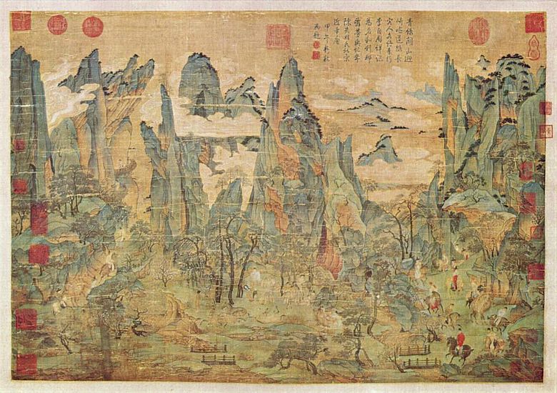 Der Tang-Kaiser Xuanzong, einer der bekanntesten Kaiser von China, flieht von Chang'an in die Provinz Sichuan, um der Gewalt während des An-Lushan-Aufstands 755 n. Chr. zu entkommen