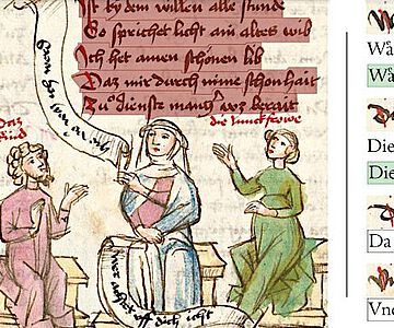 Der Ausgangstext einer historischen Handschrift kann in verschiedenen Ansichten der Transkription in computerlesbaren Text zeilengenau gegenübergestellt und bei Bedarf korrigiert werden