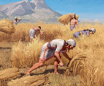 Bronzezeitliche Familie bei der Getreideernte