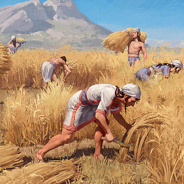 Bronzezeitliche Familie bei der Getreideernte