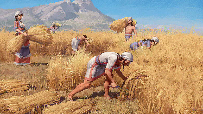 Bronzezeitliche Familie bei der Getreideernte