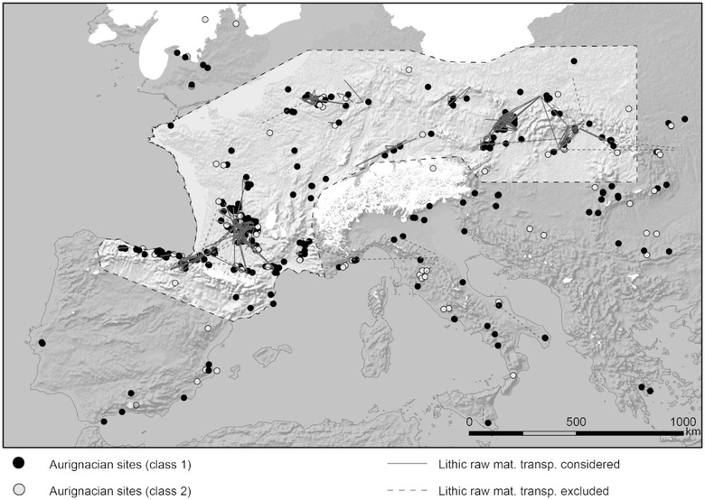 Kartierung der Fundorte, die dem Aurignacien in Europa zugeschrieben werden