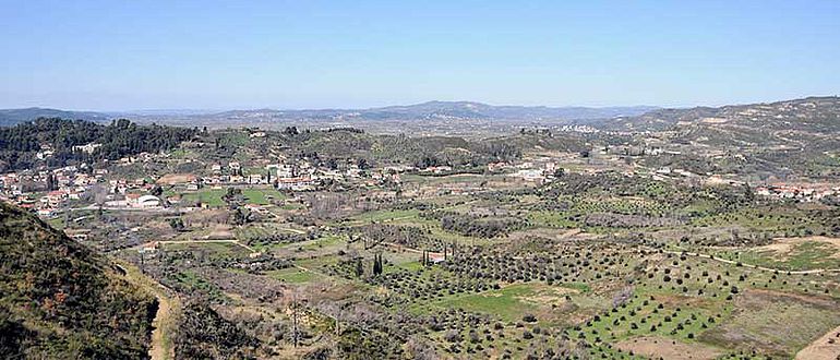 Blick nach Westen über das mittlere Kladeos-Tal und den Olympia vorgelagerten Hügelzug