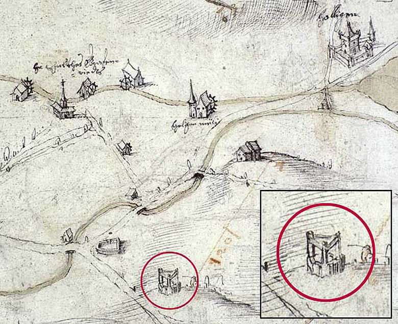 Ein Plan des Gebietes Holligen/Inselareal um 1620. Deutlich ist auf der Zeichnung der Galgen des Hochgerichtes "obenaus" mit seinen drei Steinpfeilern zu erkennen (Kreis). Genau so muss der Galgen auf dem Schönberg ausgesehen haben. (Staatsarchiv Bern)