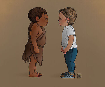 Illustration: Neandertaler- und Homo-sapiens-Kind
