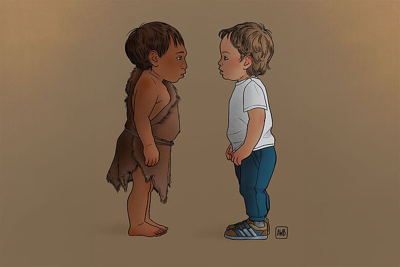Illustration: Neandertaler- und Homo-sapiens-Kind Illustration: Neandertaler- und Homo-sapiens-Kind