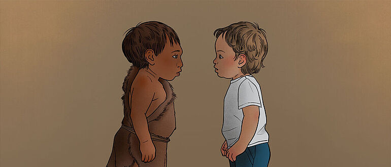 Illustration: Neandertaler- und Homo-sapiens-Kind