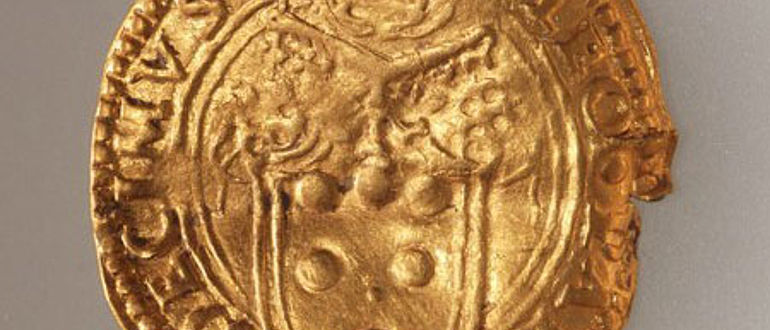 Goldmünze aus Zug: Münzherr Papst Leo X. mit seinem Namen und Wappen. Quelle: Kantonsarchäologie Zug