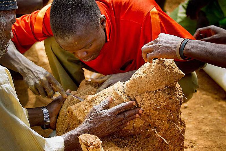 Ausgrabungen an der Fundstelle „Ifana“ im Frühjahr 2011 in Nigeria: Sorgfältig legen die afrikanischen Helfer das Oberteil einer menschlichen Terrakotta frei (&copy; Prof. Peter Breunig, Goethe-Universität Frankfurt)