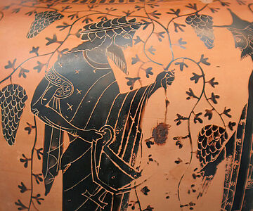 Griechische Vase aus Attika um 550 - 520 u.Z. Dionysos im Gespräch mit Hermes inmitten von Weinreben