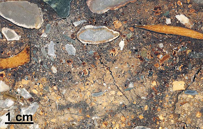 Oberfläche eines in Kunststoff imprägnierten Sedimentblocks aus der Denisova-Höhle