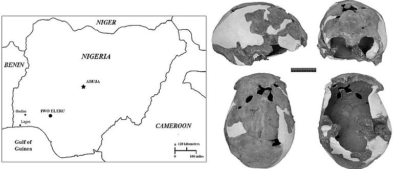 Karte von Nigeria mit dem Fundort Iwo Eleru und den beiden dort gefundenen Schädeln (doi:10.1371/journal.pone.0024024.g001; CC-BY)